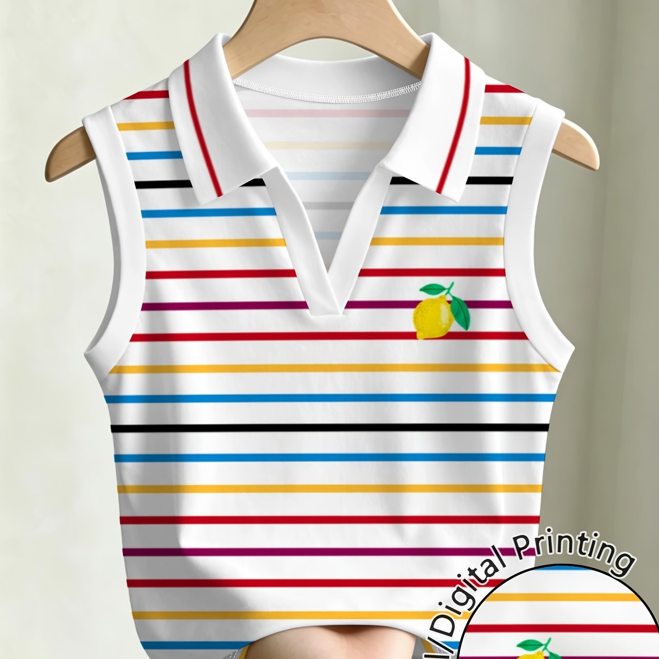 TEMU Women's Colorful Striped Sleeveless Shirt Lemon Printing Fashion Casual Top Summer Versatile Breathable Short Top Daily Wear Holiday Vacation