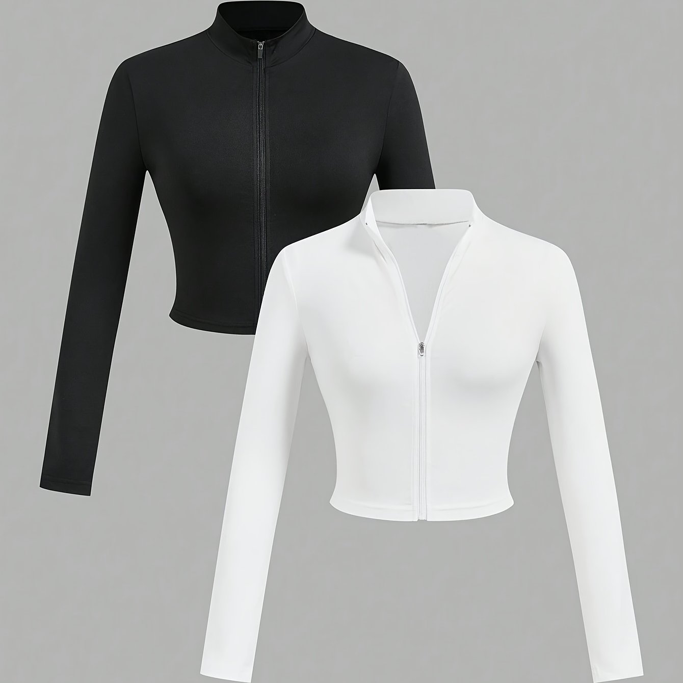 2pcs Women's Elegant Half-zip V-neck Long Sleeve T-shirts - Medium -washable Solid Color Tops For Spring & Fall Layering, Casual To Semi-formal Wear