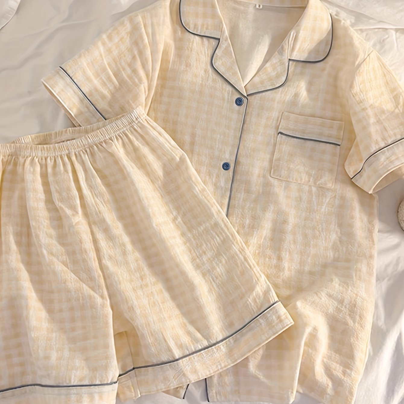 TEMU Ensemble 2 pièces LLU pour Femme : Cardigan à Manches Courtes et Shorts à Carreaux pour Printemps/Été, Tenue Décontractée