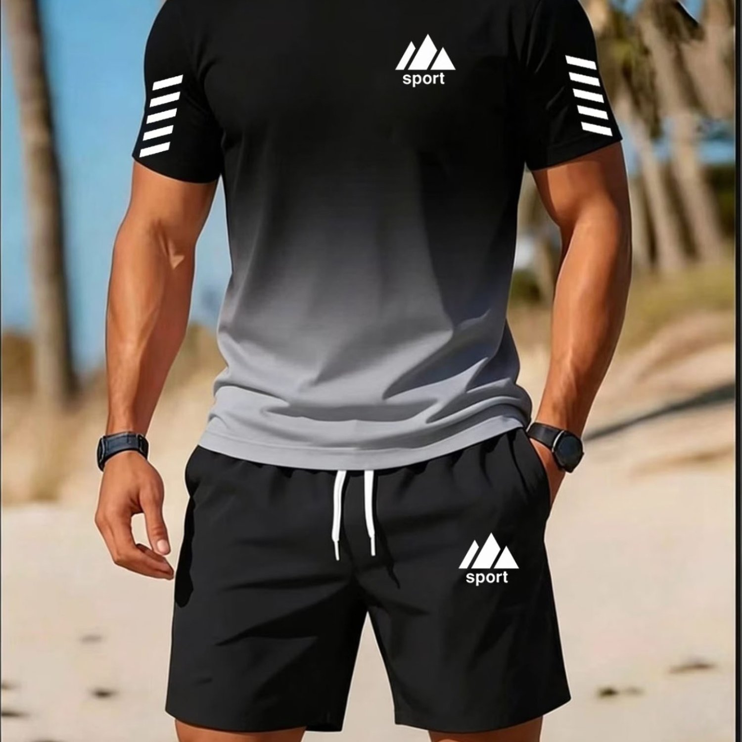 TEMU 2026 Men's New 2pcs Sports Set, Gradient Round Neck T-shirt And Quick-dry Shorts, Casual Athletic Print, Breathable Sports Outfit, Suitable For