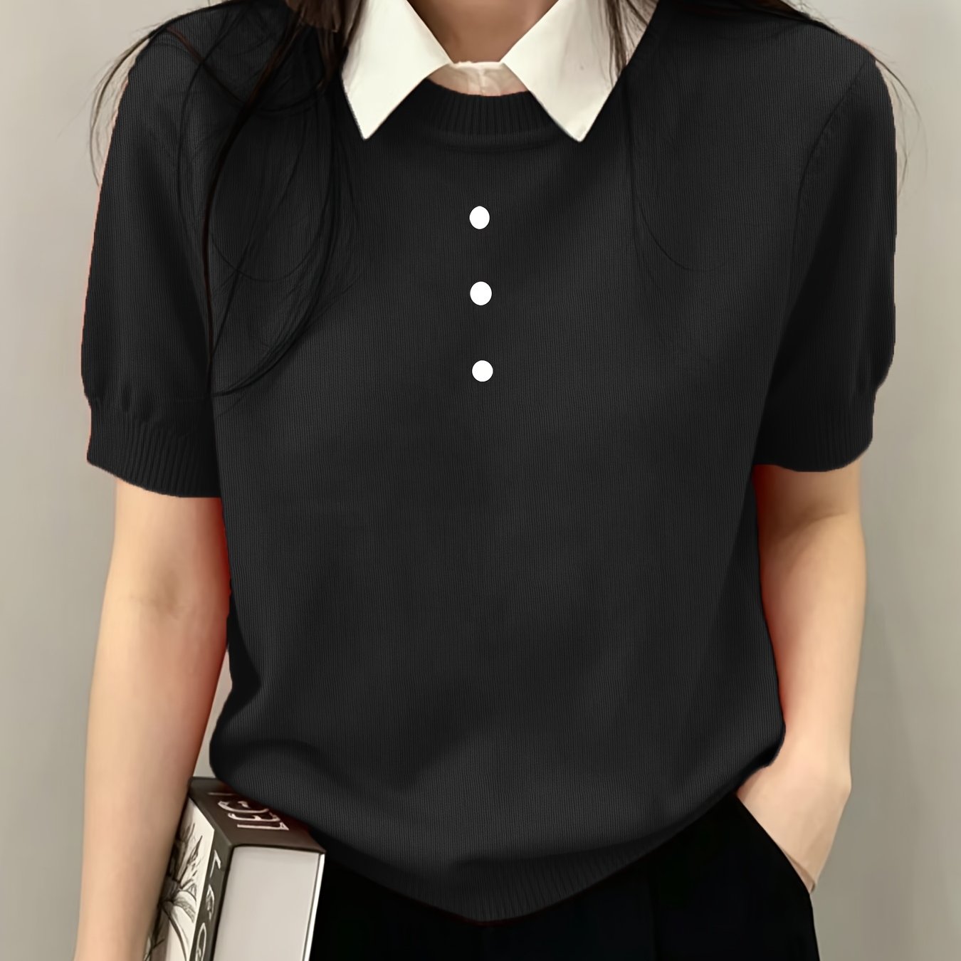 TEMU 여성용 라운드넥 반팔 스웨터, 섬유 소재 부드러운 스웨터 쇼핑몰 - 단독 프린트 디자인 판매 - 텍스처 패턴 아님