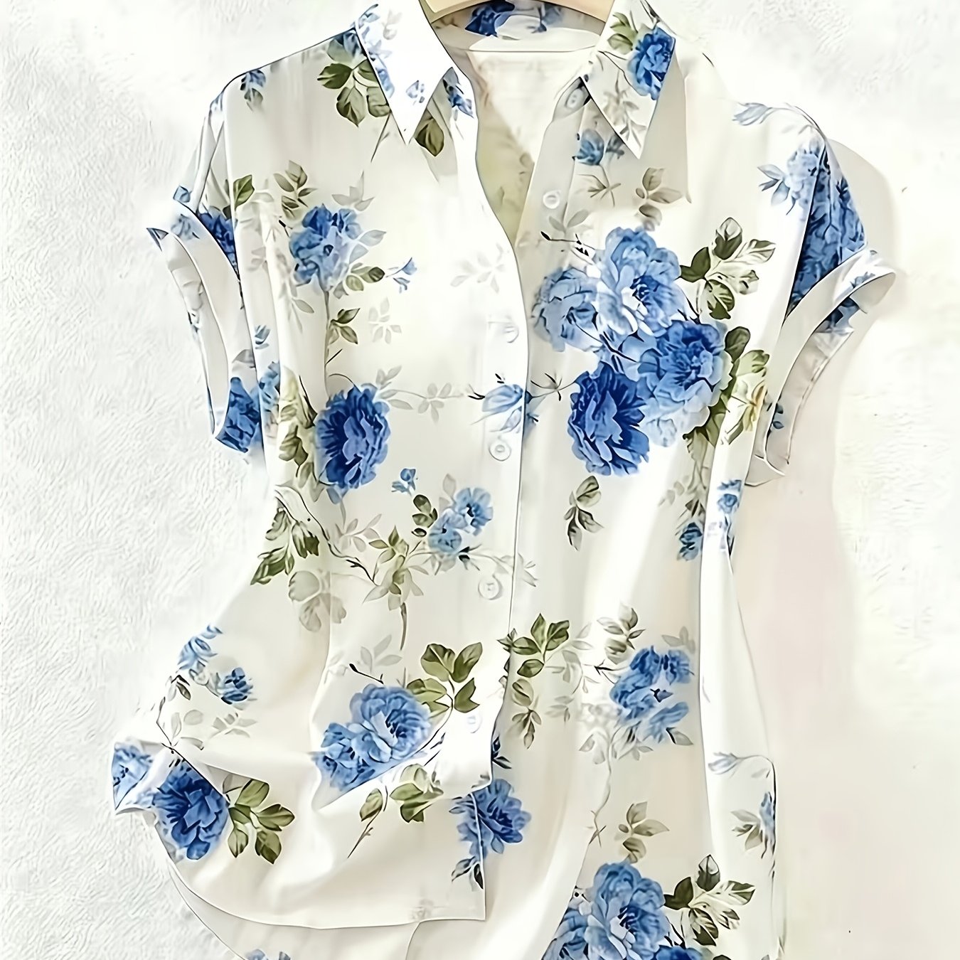 TEMU Women's Elegant Floral Print Short Sleeve Shirt, Casual Single--shoulder Blouse, Versatile Summer Top For Daily Wear, Office, And Vacation