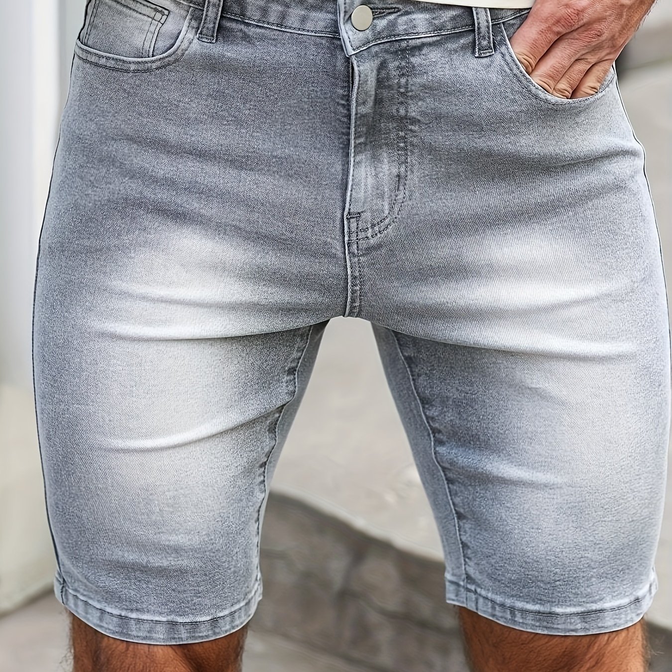 Men' Stretch Denim Capris Pants, Gray + Marble Effect + Enzyme Wash With Softening