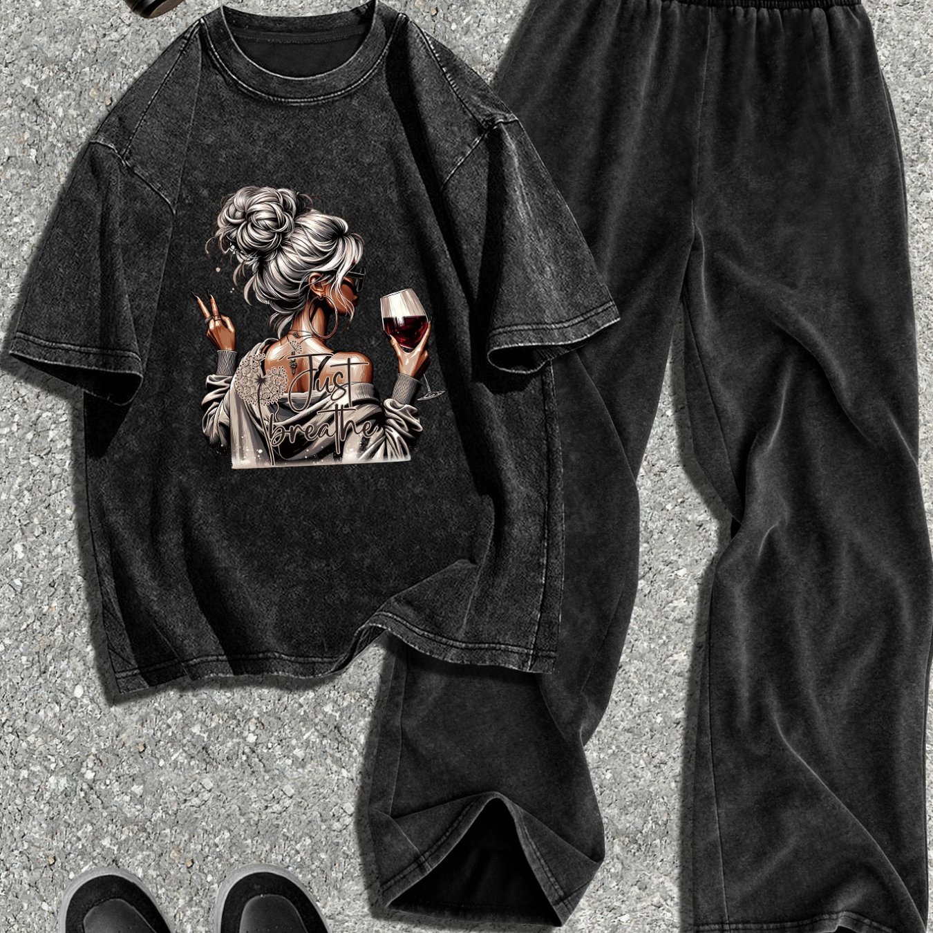 Skull Print Washed Retro Short Sleeved Pants Set, Fashion Daily Wear, Suitable For Spring And Summer Wear Washed Short Sleeved Pants Set