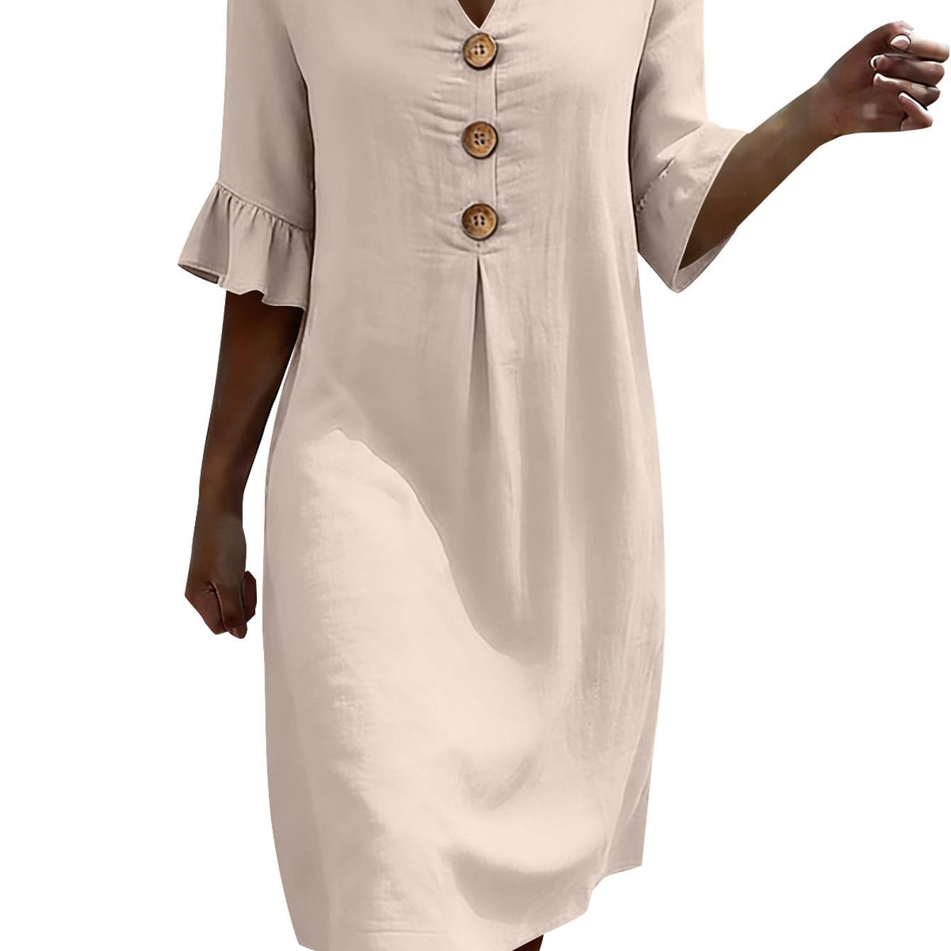 Women's V-neck Button Front Dress, Ruffle Sleeve Midi Dress, Loose Casual Summer Dress