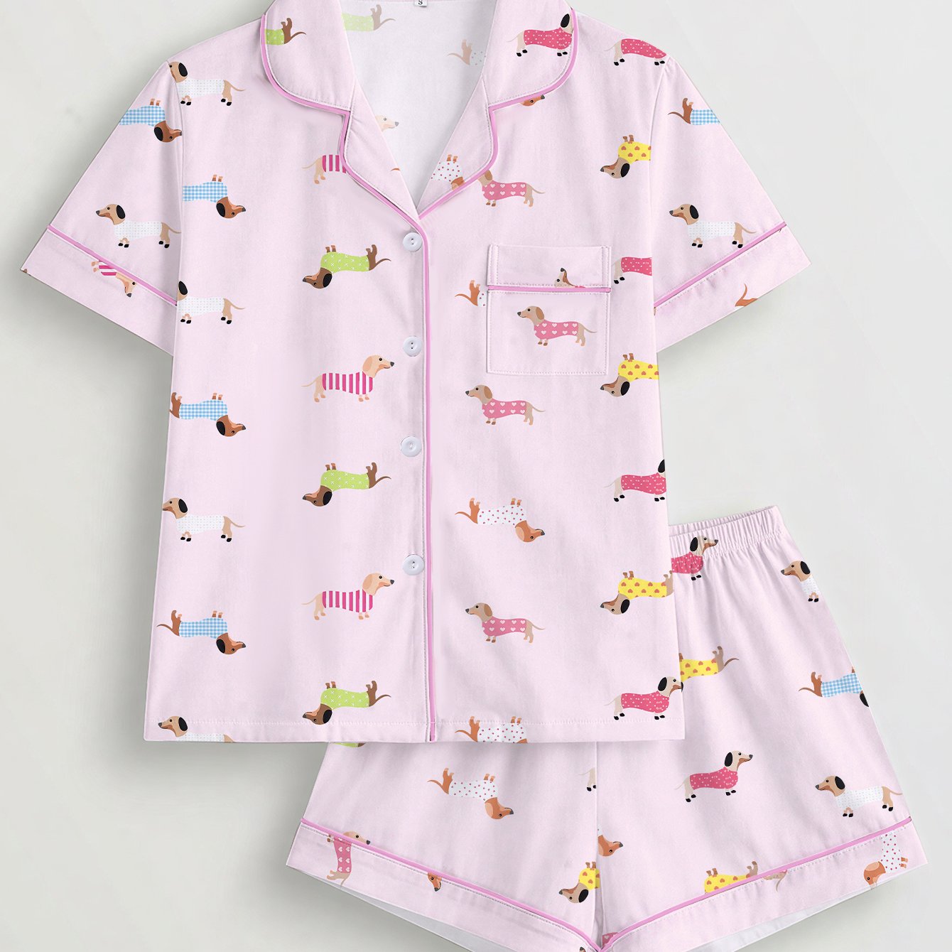 TEMU Women's 2pcs Cute Dachshund Pajama Set For Summer, Short Sleeve Lapel Button Front Top And Loose Elastic Shorts, Casual Women's Pajamas