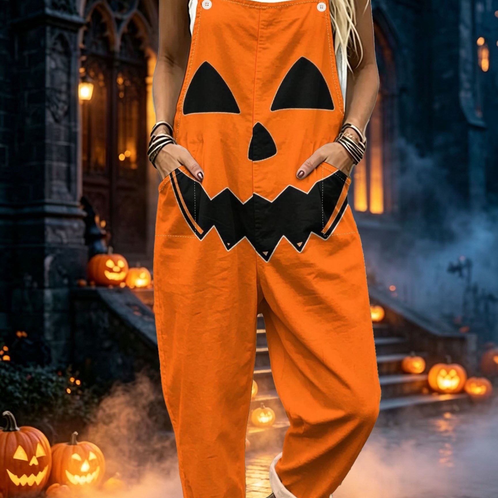 TEMU Women's Sleeveless Overalls With Jack-o'-lantern Print & Pockets - Loose Fit Button-front Pants, Full Thigh Design Suitable For Vacation, Daily