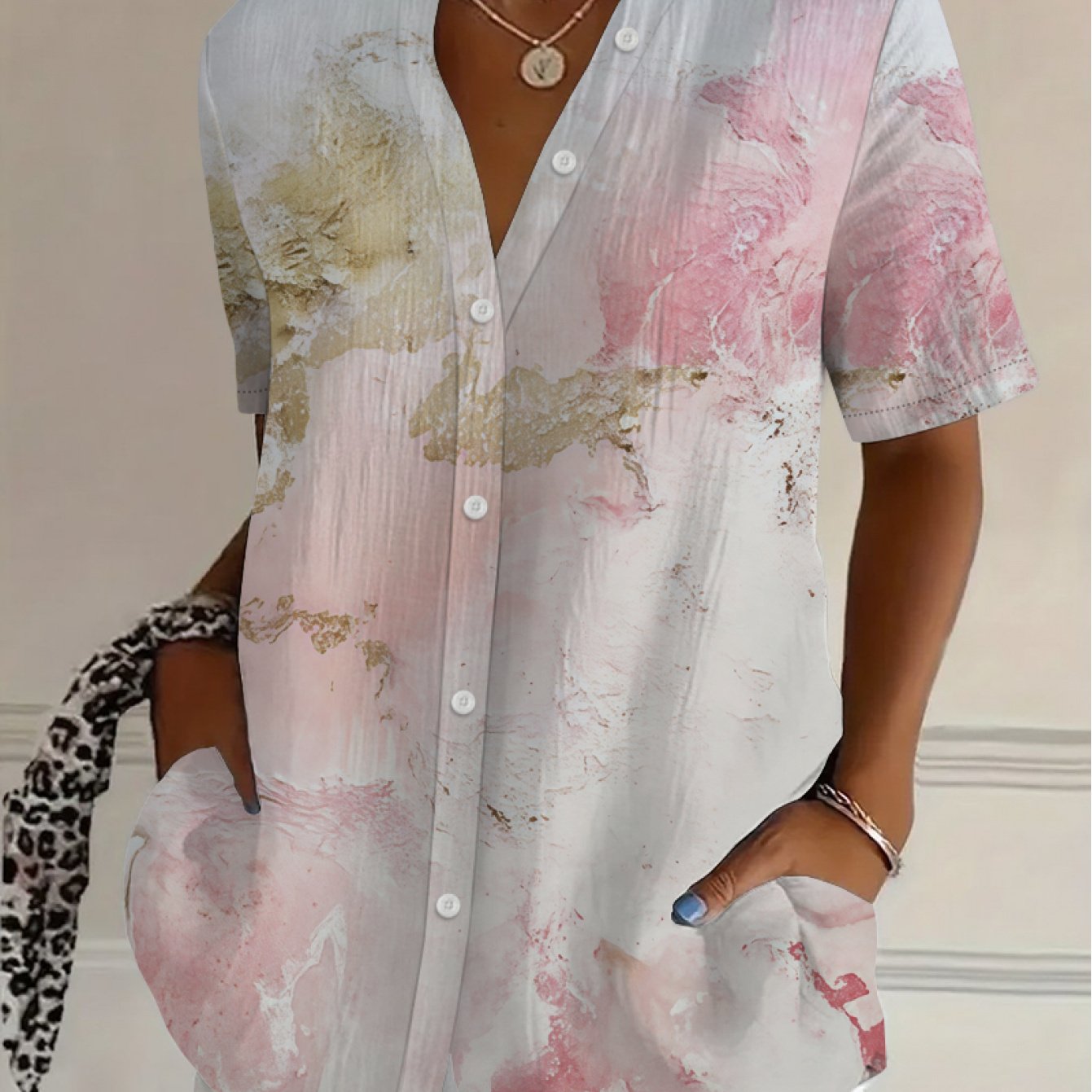 Image of Painted Print Plus Size Women's Shirt, Trendy Fashion Cardigan, Casual Sportswear, Comfortable Short Sleeve For Summer