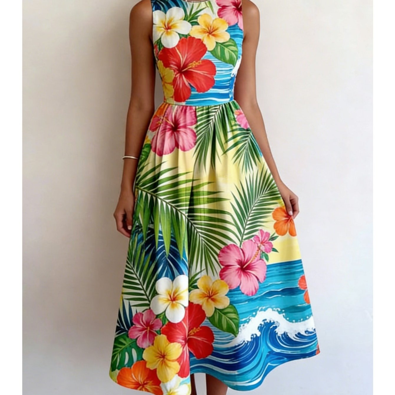 Casual Resort-style Dress Featuring A Retro Design With Contrasting Stripes And Floral , Perfect For Spring And Summer, With A Round Neck And Sleeveless Cut