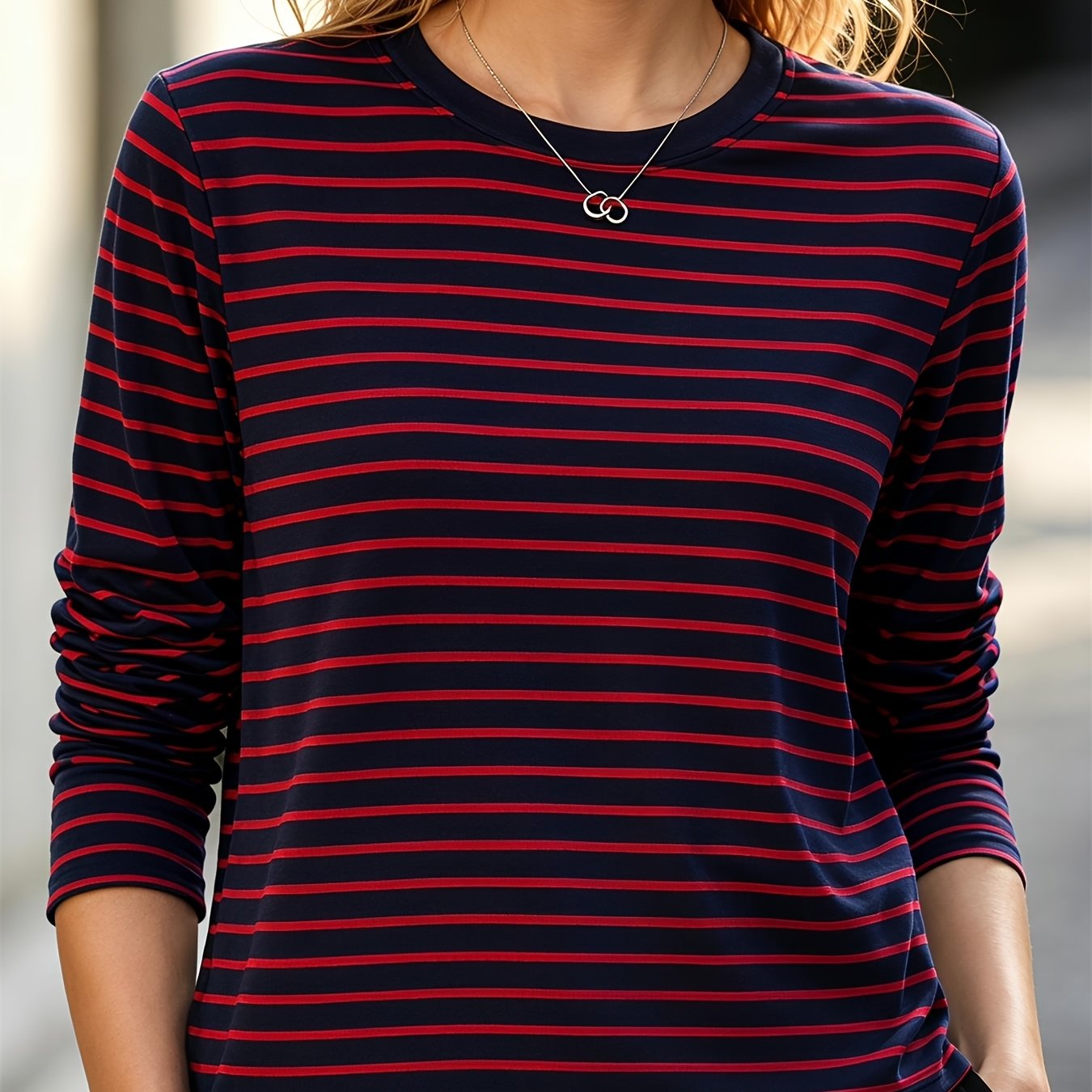TEMU Striped Long-sleeve T-shirt, Crew Neck Base Layer, Suitable For Spring And Autumn As Outerwear Or Innerwear,, Tummy-control, Comfortable,