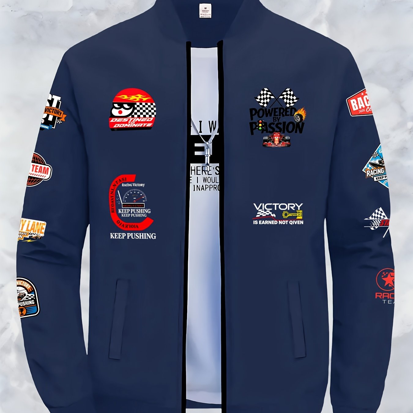 TEMU Print Racing Men's Jacket Collar Zipper Fashion Baseball Uniform, Spring Autumn Outerwear