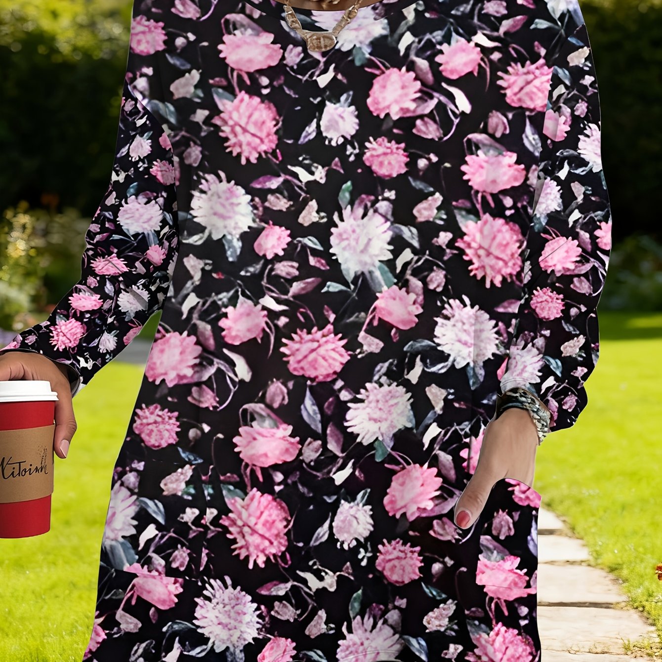 TEMU Women's Plus Size Oversized Loose-fit Long Sleeve Blouse With Pockets - Casual Round Neck Full-body Floral Print Blouse Suitable For Spring