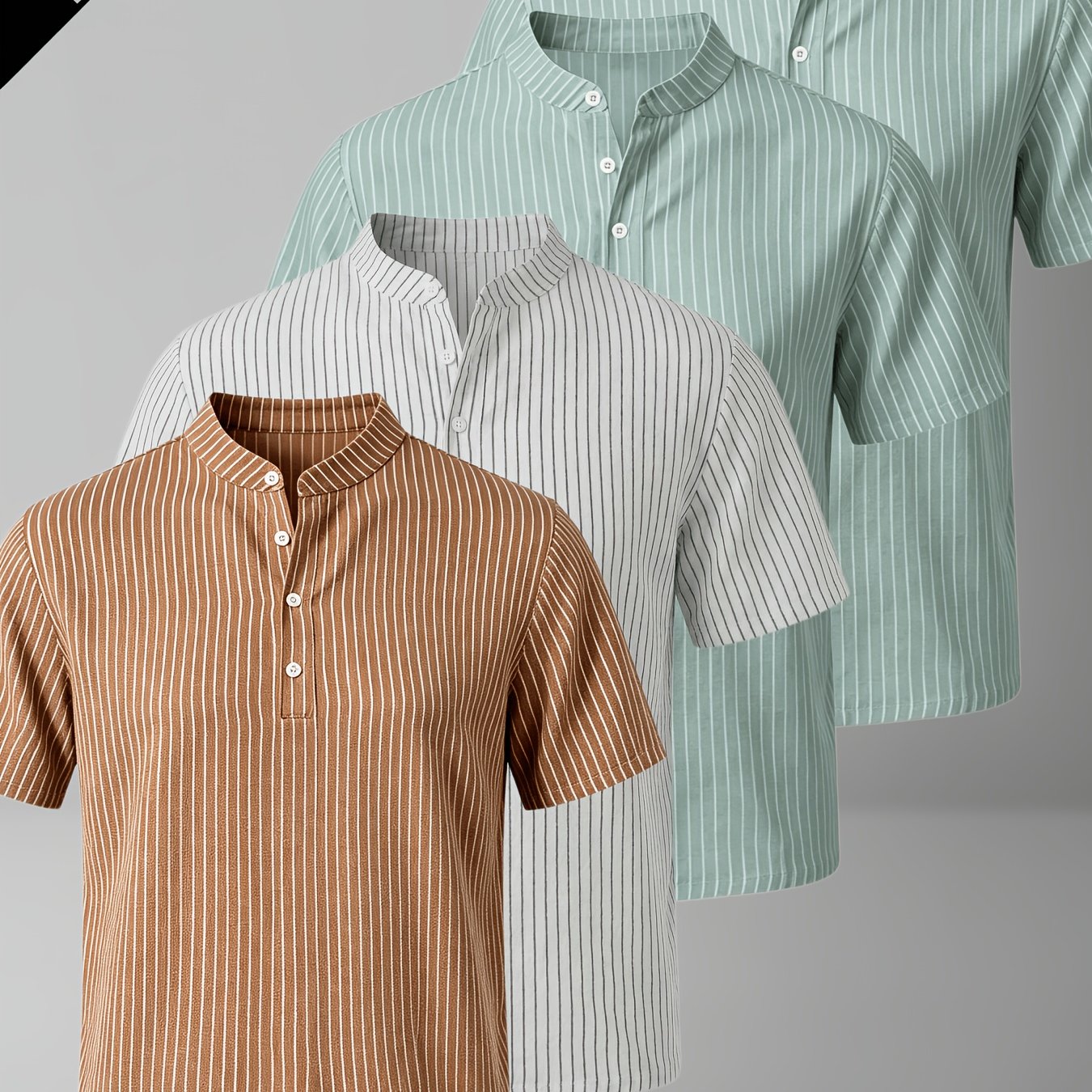 TEMU 4pcs Men's Casual Striped Linen Blend Henley Shirts, Breathable Short Sleeve Summer Tops, Suitable For Daily, Beach, And Vacation