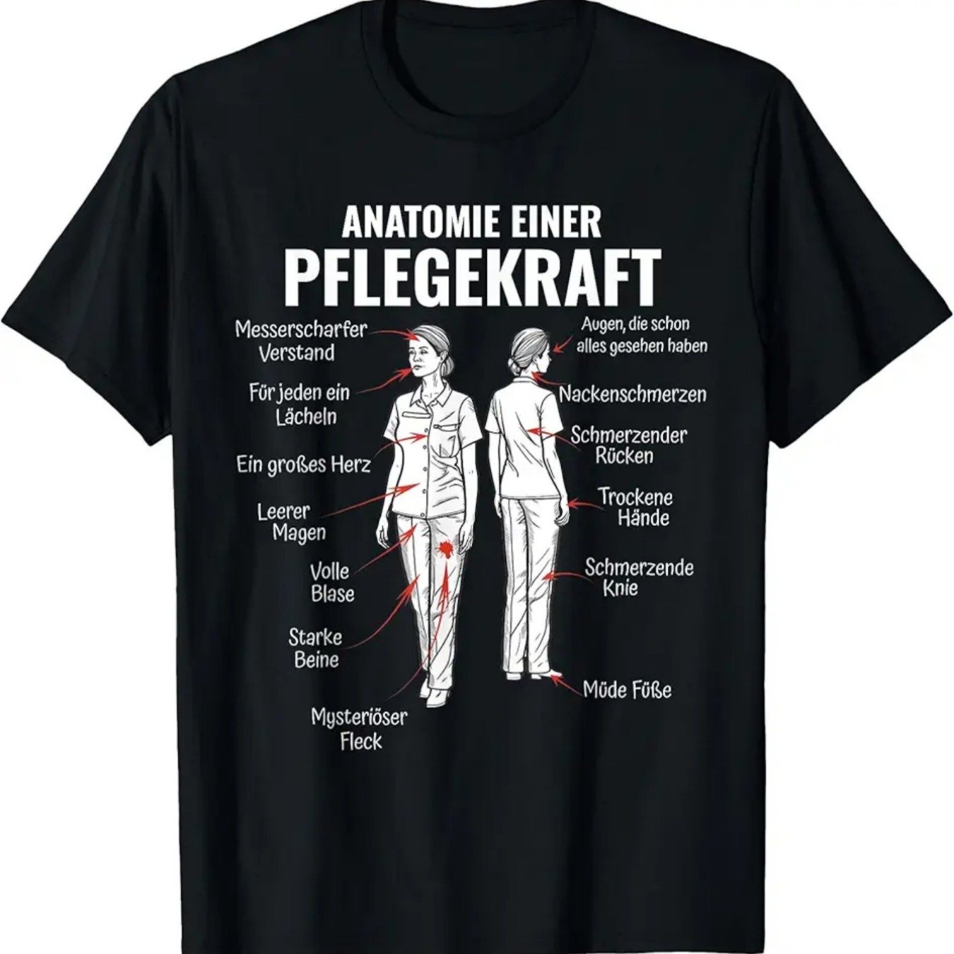 Image of Men's Medical Anatomy Of A T-shirt | Nursing & Elderly Care Chart Design With German Labels, Short Sleeve Round Neck Casual Workwear For Healthcare Professionals, Black