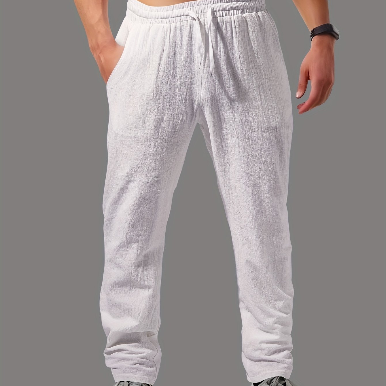 Image of Men's Loose Trousers Linen Casual Slim Fit Long Pants Elastic Drawstring Waist Lightweight Pants Solid Style With Drawstring Waist Suitable For Outdoor Casual Wear