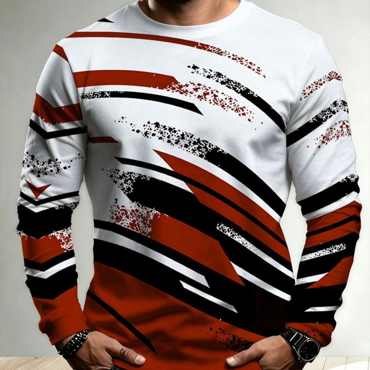 TEMU Men's Long-sleeve T-shirt, Featuring Diagonal Stripes In Black, Red, And White, With A Dynamic Abstract Pattern And Modern Graphic Style.