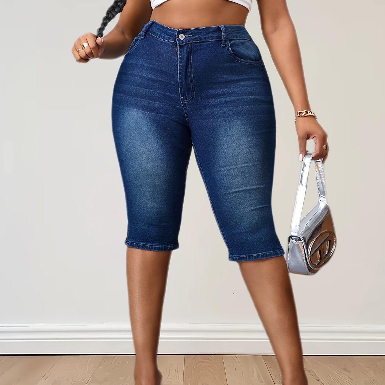 Plus Size Blue Denim Fashion Frayed Slim Capri Pants