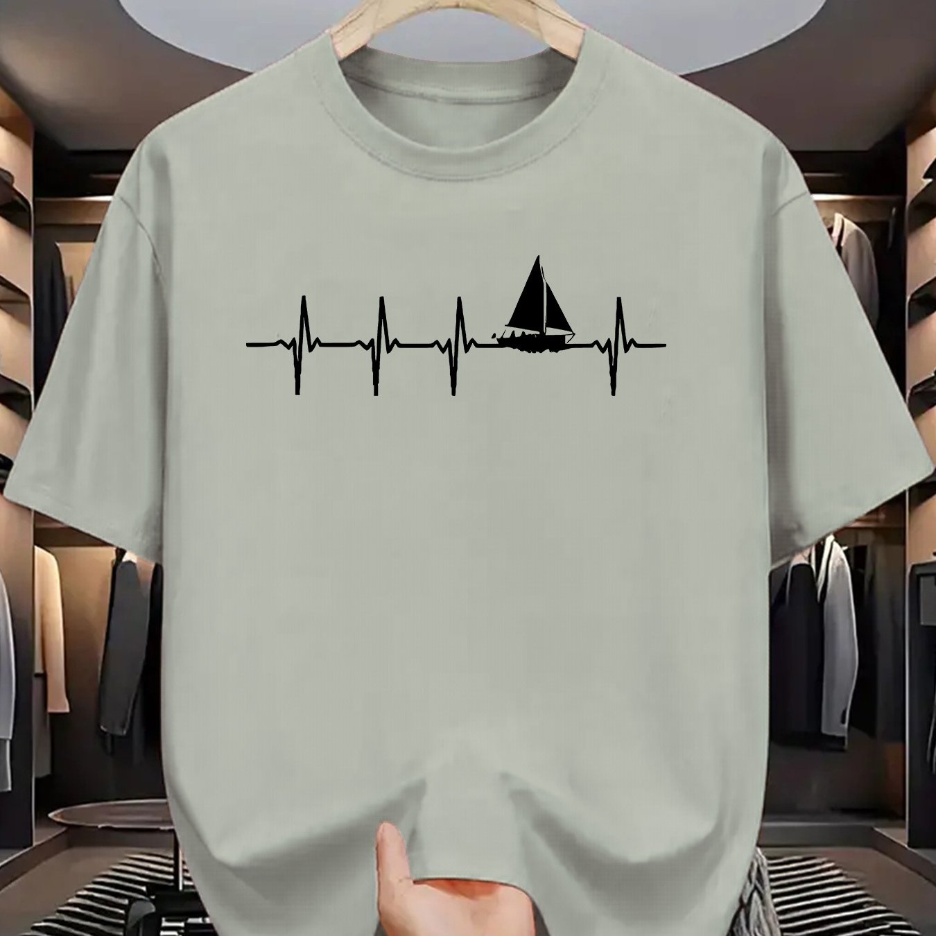 TEMU Heart Rate Sailboat Pattern Men's Crew Neck T-shirt, Fashion Casual Sporty Design For Outdoor Activities