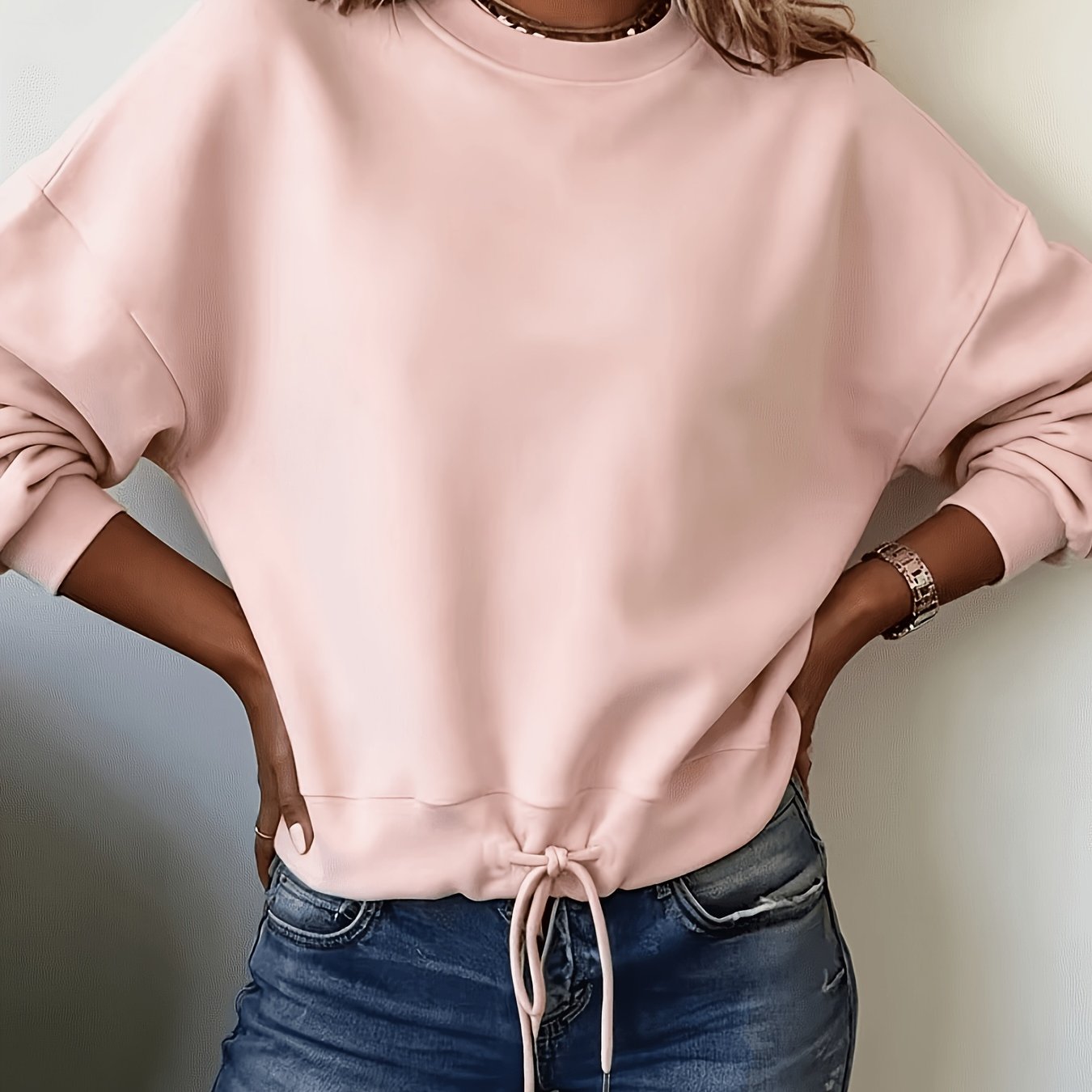 TEMU Sweat-shirt tendance pour femme, nouveau style décontracté simple à col ras du cou et cordon de serrage, coupe ample, décontracté, polyvalent,
