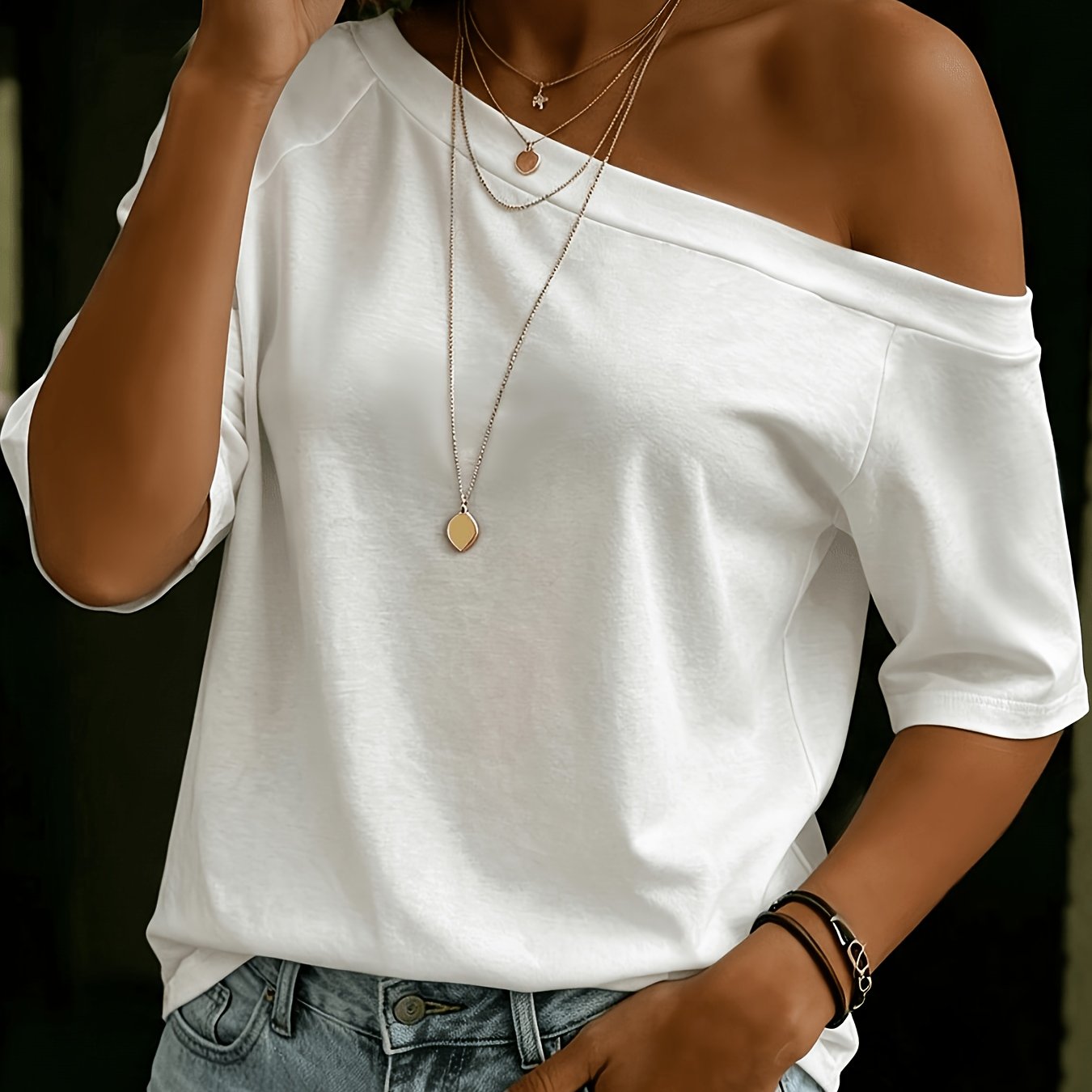 TEMU T-shirt à manches courtes pour femmes, couleur unie, style une épaule, décontracté et polyvalent, idéal pour les fêtes, l'extérieur, les voyages