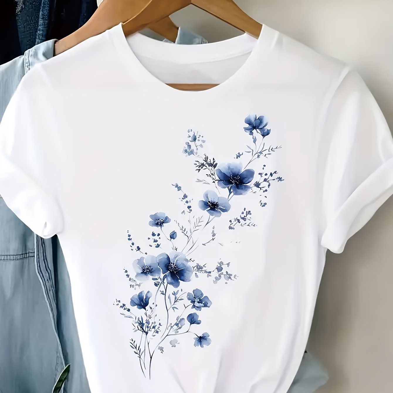 Image of Women's Comfortable Casual T-shirt - Short-sleeved Round Neck Top With Floral Print, Featuring Blue And White Flowers, Versatile For , Made Of Soft Fabric, Durable For Everyday Wear.
