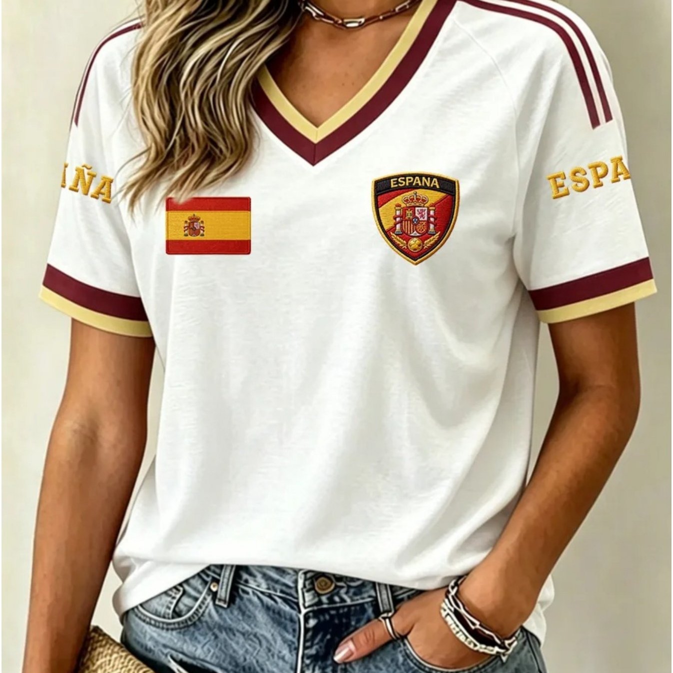 TEMU Women's Spanish Pride Football V-neck T-shirt, Made Of Comfortable And Breathable Fabric, With White And Short Sleeves, Suitable For Game Days