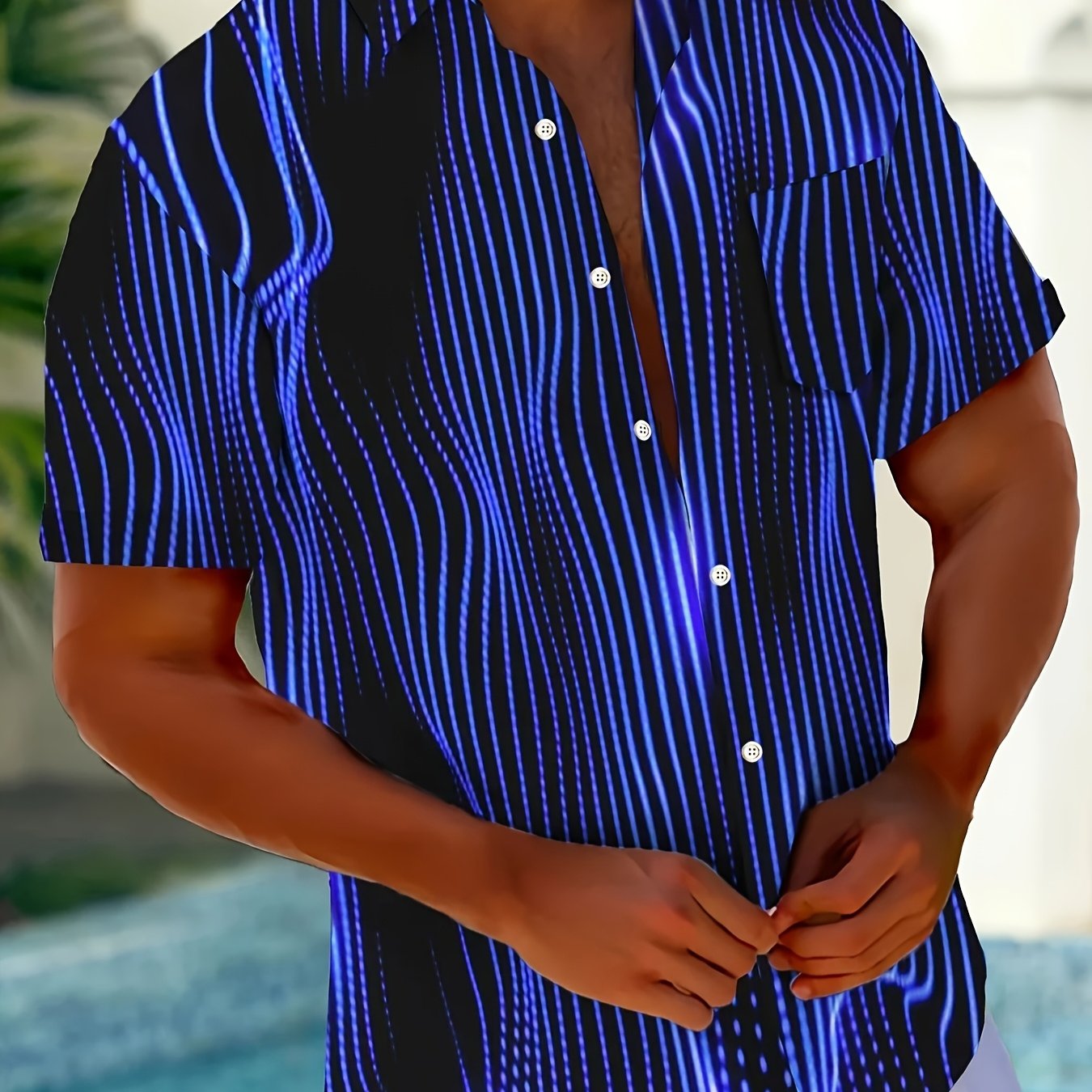 Casual Fashion Striped Print Men's Plus Size Button-pocket Short Sleeve Shirt