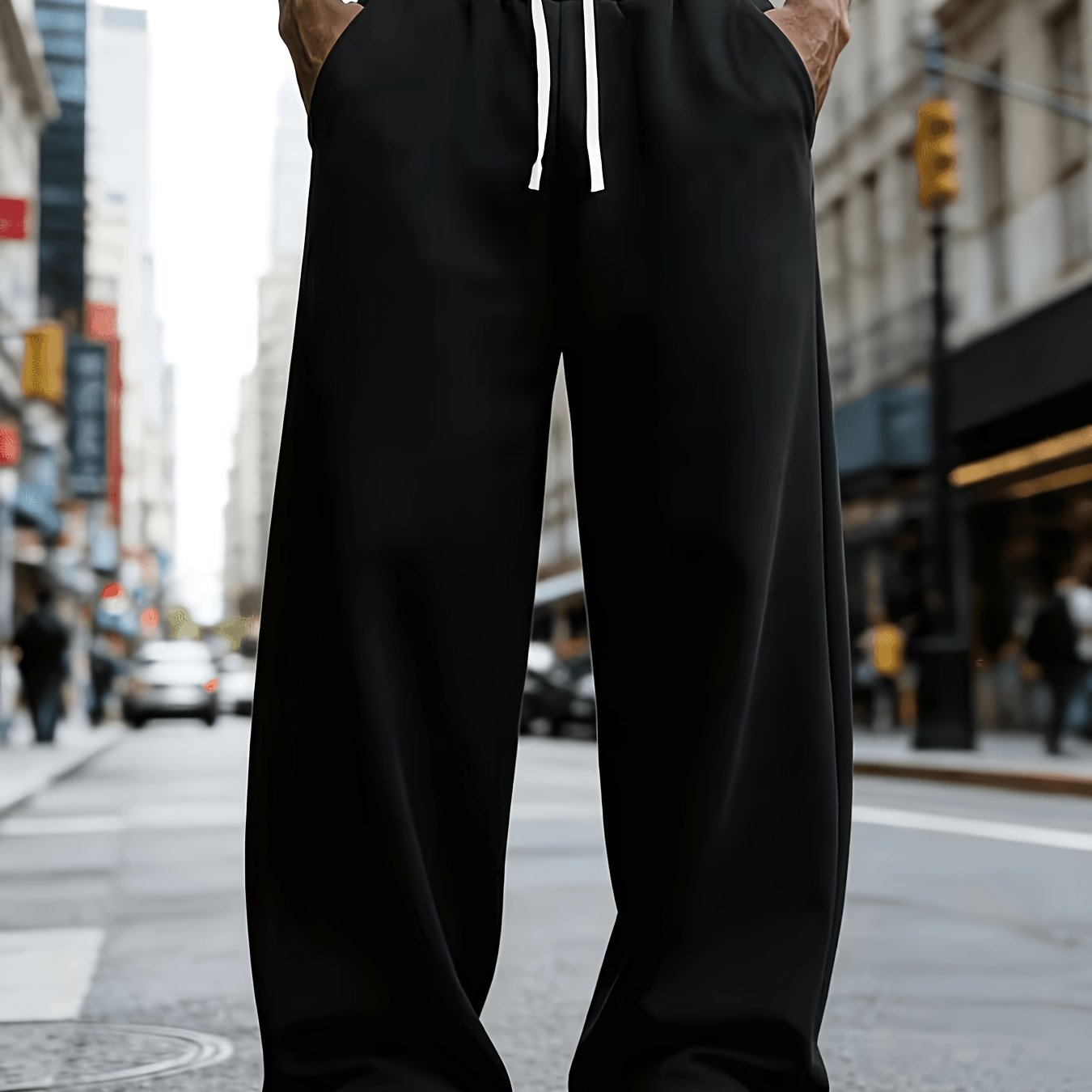 TEMU 1pc Men's Loose Wide-leg Athletic Pants - Breathable Polyester With Drawstring Waist, Suitable For Outdoor, Festive, And Casual Wear - Solid