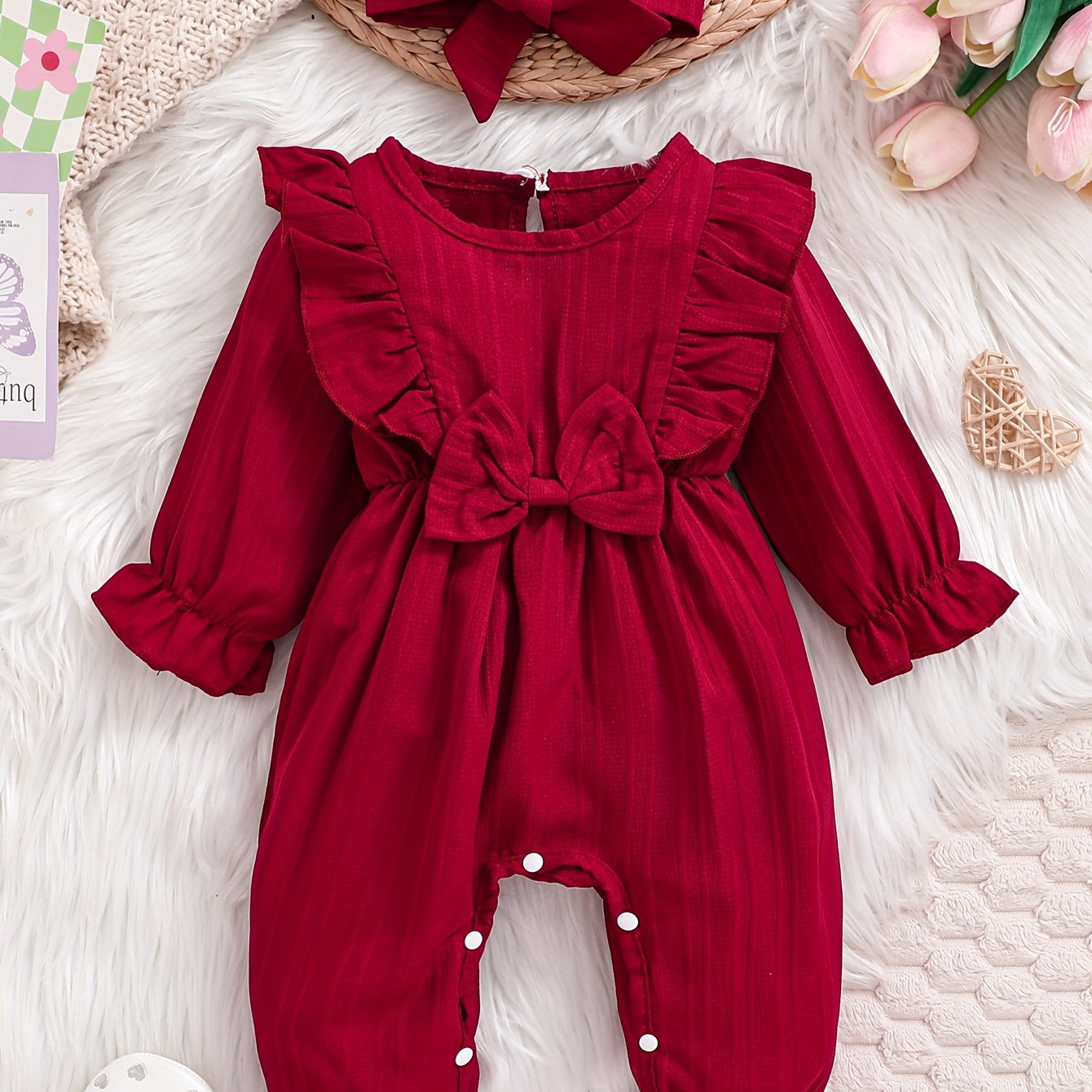 Image of Baby Girl Spring Autumn Regular Bodysuit, Textured Fabric Design With Decoration And Headscarf, For Outdoor