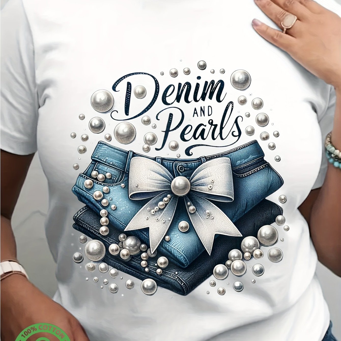 TEMU Women's Denim & Pearls Graphic T-shirt - White Tee With Blue Jeans & Pearl Accents, Soft Breathable Everyday Top For Jeans Outfits, Parties,