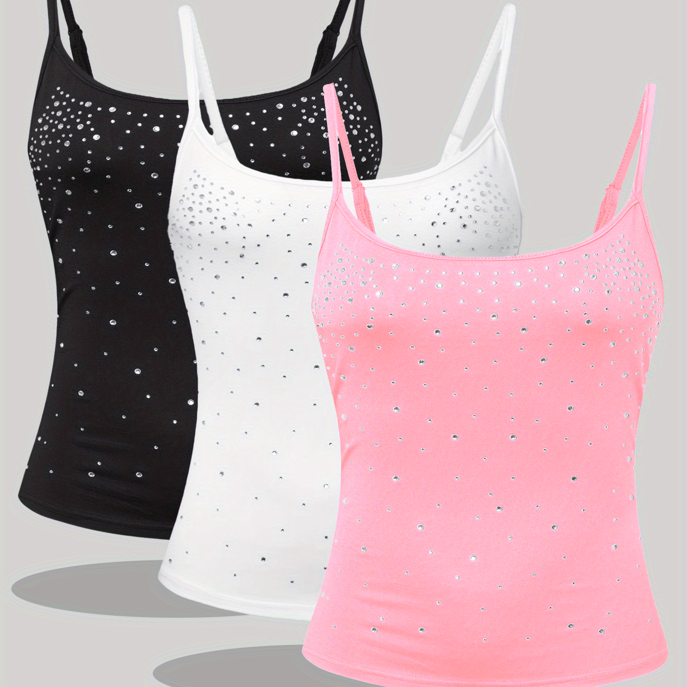 3pcs Set Y2k Fashion Hot Drilling Design New Women's Sexy Spaghetti Strap Backless Suspender Fit Versatile Fiber Elastic Fabric Suitable For Spring, Summer And Autumn