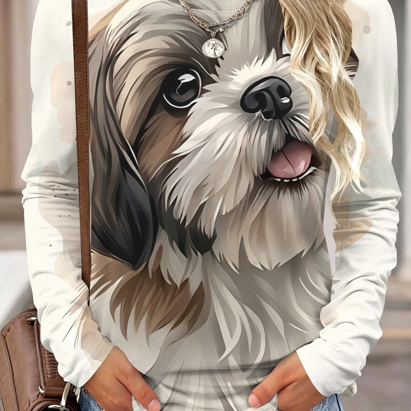 TEMU Women's Long Sleeve T-shirt, Watercolor Style Cute Shih Tzu Adorable Portrait Pattern - Fashion Casual Top, Machine Washable Base Layer, Casual