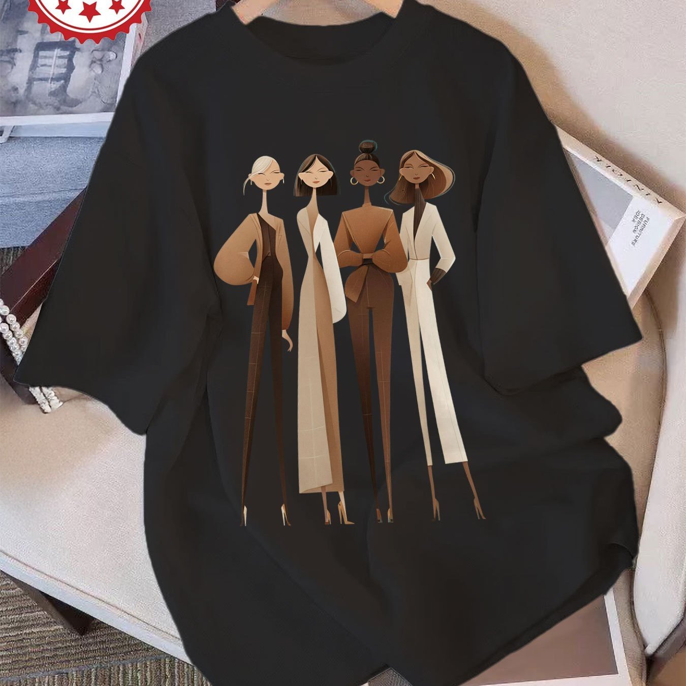 Image of Plus Size - Women's T-shirt With Minimalist Flat Design, , Earthy Color Palette, Casual Blazer Style, Korean-inspired, Printed, Loose Short Sleeves, Round Neck, Made From Pure Material