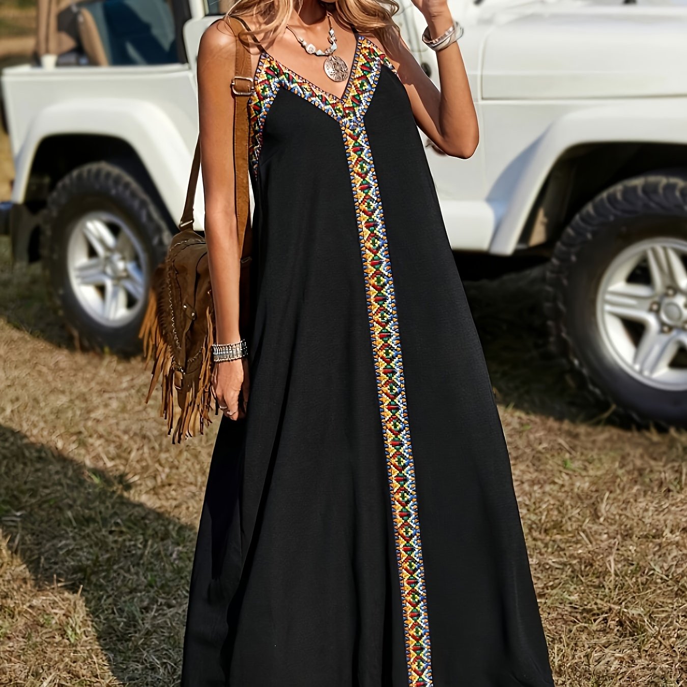 Image of Women's V-neck Spaghetti Strap Maxi Dress, Black Boho Dress With Colorful Ethnic Embroidery