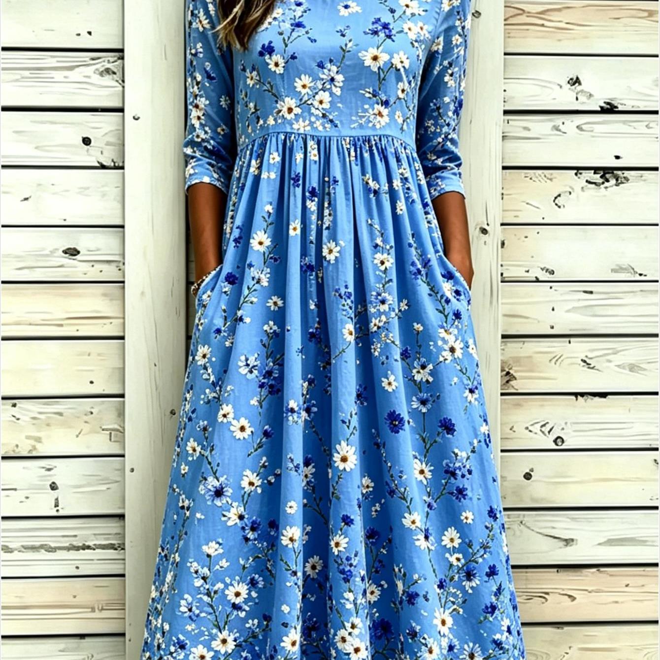 Plus Size, Plus-size Women's Floral Print Summer Round Neck Pocket Mid-length Dress