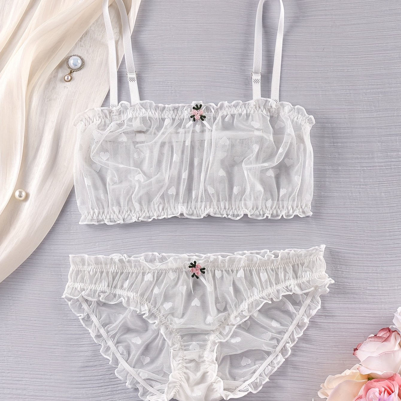Image of 1 Set: European And Sexy Lingerie, Lace Mesh Bra And Panty 2pcs With Bow And Heart Print