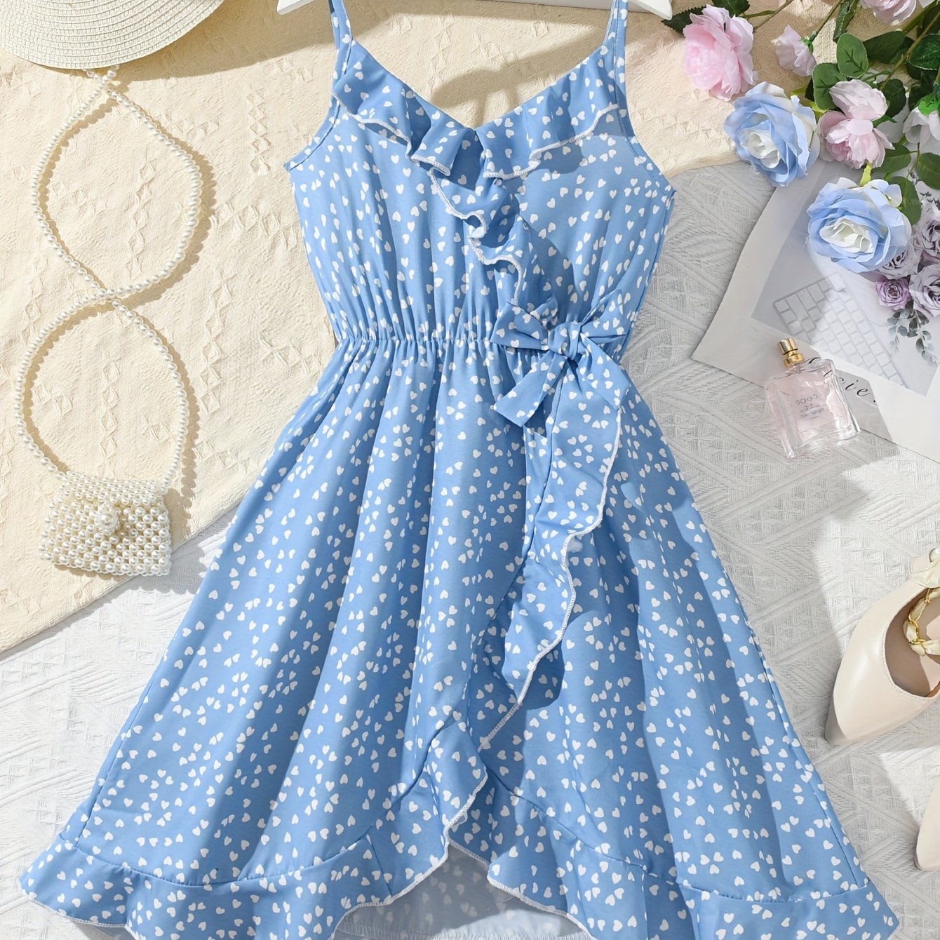 Girlie Print Spaghetti Suspender Dress With Ruffle Detailing And Fishtail Hem, Perfect For Summer Wear