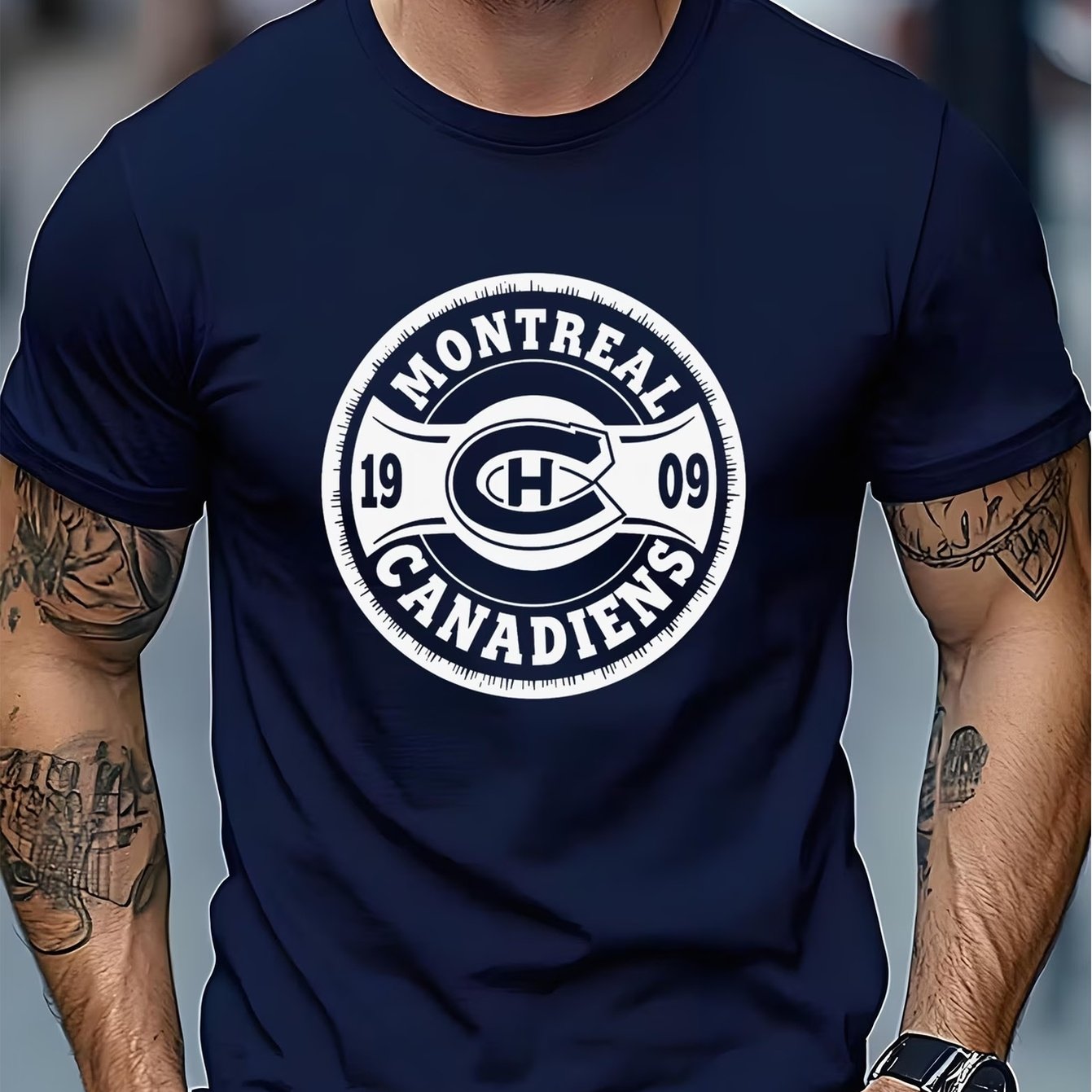 TEMU Men's Casual Outdoor Crew Neck Short Sleeve T-shirt, Montreal 1909 Canadian Football Team Print Crew Neck T-shirt, Slightly Stretchy Fabric