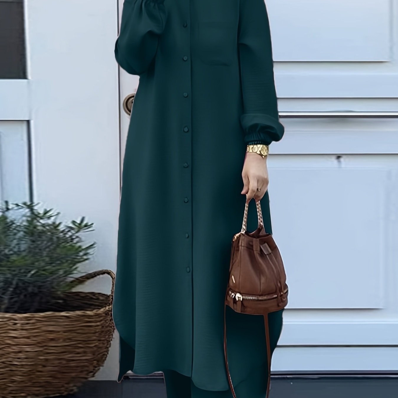 New Arabian 2pcs Abaya Set - Women's Elegant Multi-button Solid Color Long Sleeve Wide-leg Trousers Without For Ramadan Spring Autumn Daily