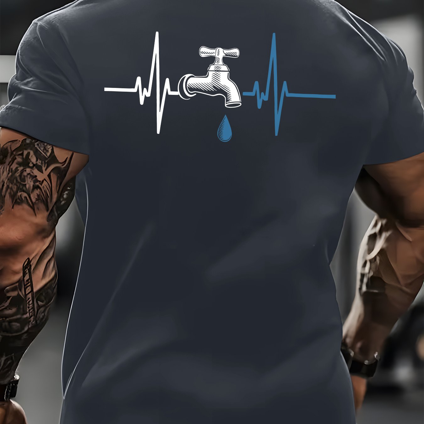 TEMU Men's Summer Casual Short-sleeve T-shirt With Faucet Print Design - Non- Round Neck Tee Suitable For Outdoor & , Machine Washable Regular Fit