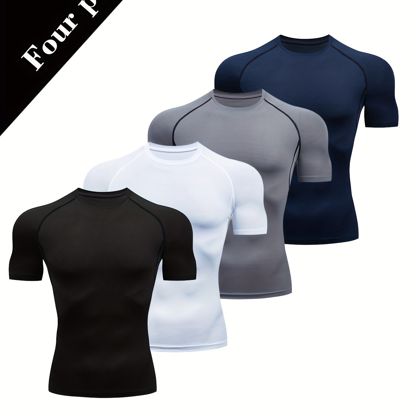 E-shop 4er-Set Herren Kompressions Kurzarmshirts, schnelltrocknend, hochelastisch, schweißabsorbierend, leicht, sportliche Fitness Rundhals