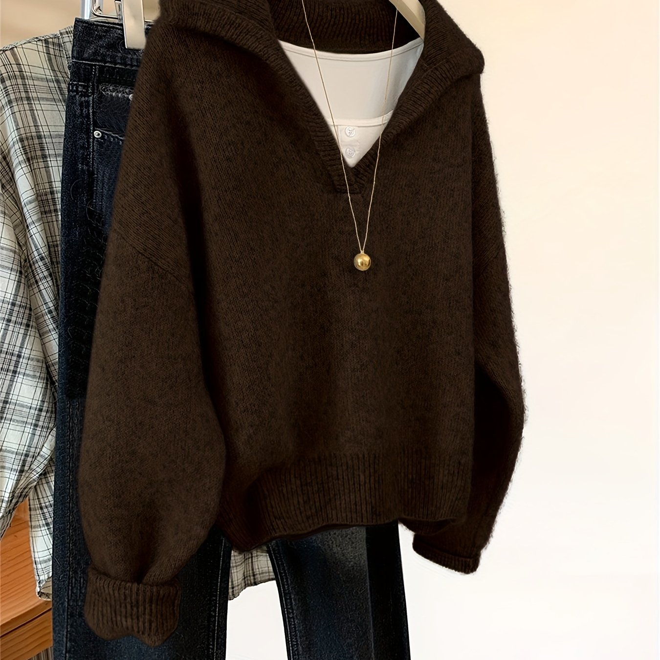 E-shop Modischer hochwertiger Pullover im französischen Stil mit Revers in einfarbiger Ausführung, vielseitiger weicher Pullover im entspannten