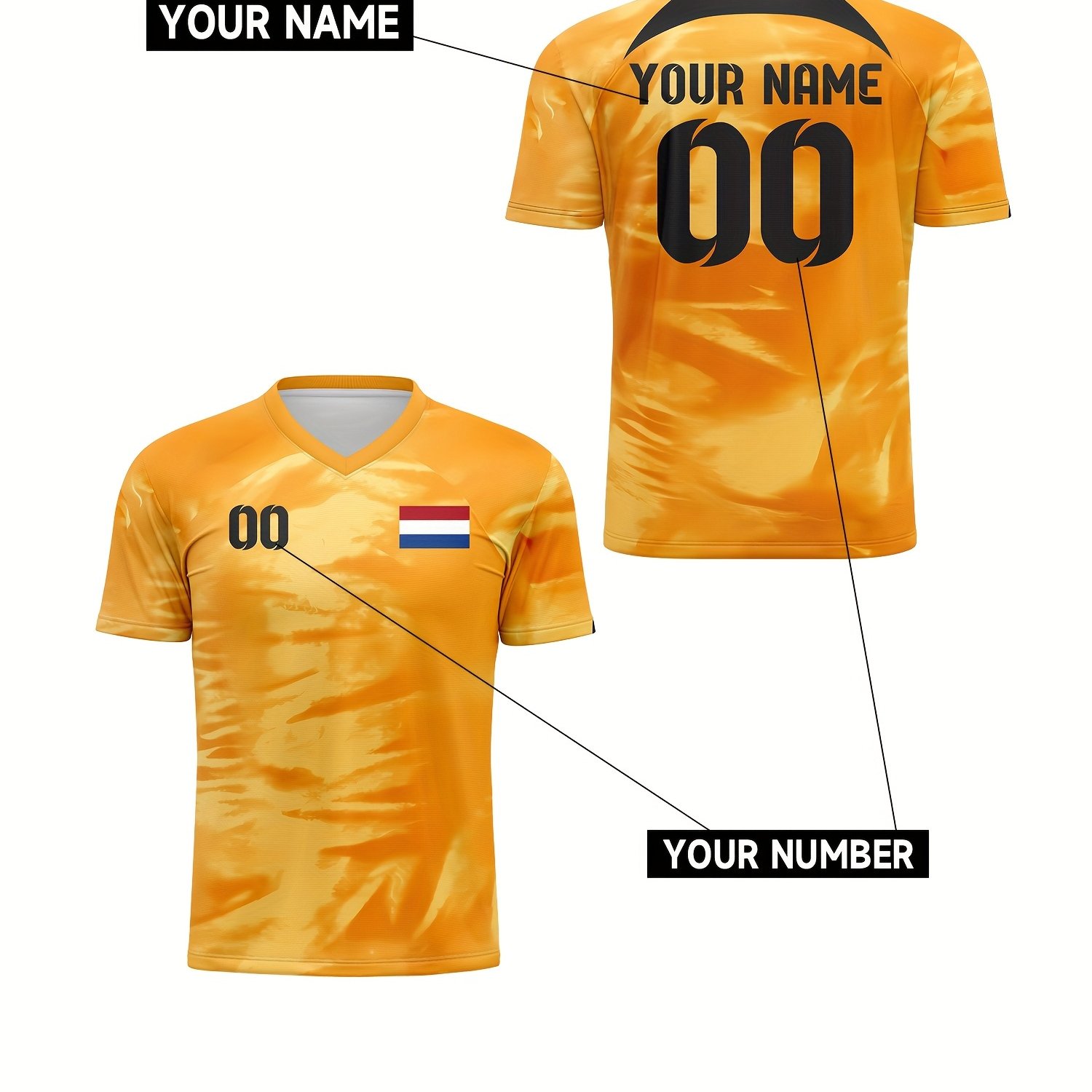 TEMU Netherlands 2026 Football Jersey - Custom Name & Number V-neck Shirt With Dutch National, Soccer Top For Training, Casual Wear & Fan Apparel