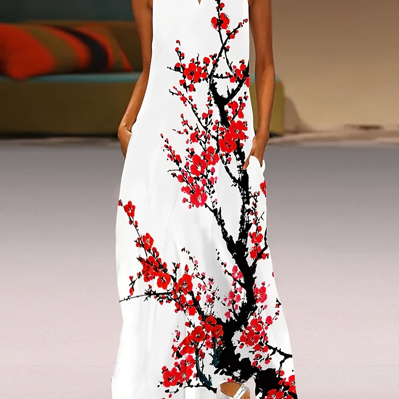 floral print v neck dress casual sleeveless maxi length dress womens clothing