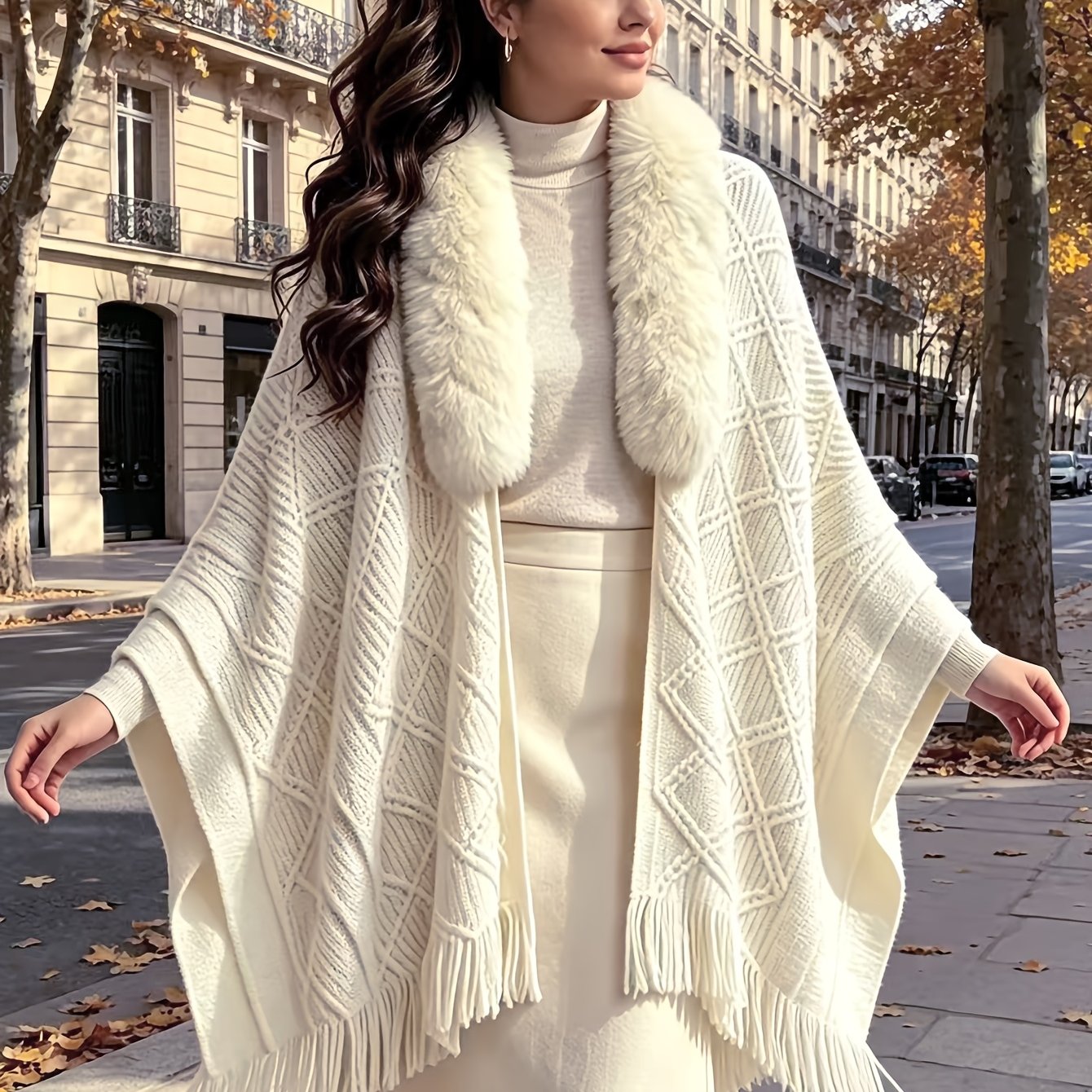TEMU Pull pour femme - Cardigan châle élégant avec bordure, veste cardigan cape à franges et motif à carreaux losanges style Old Money automne/hiver,