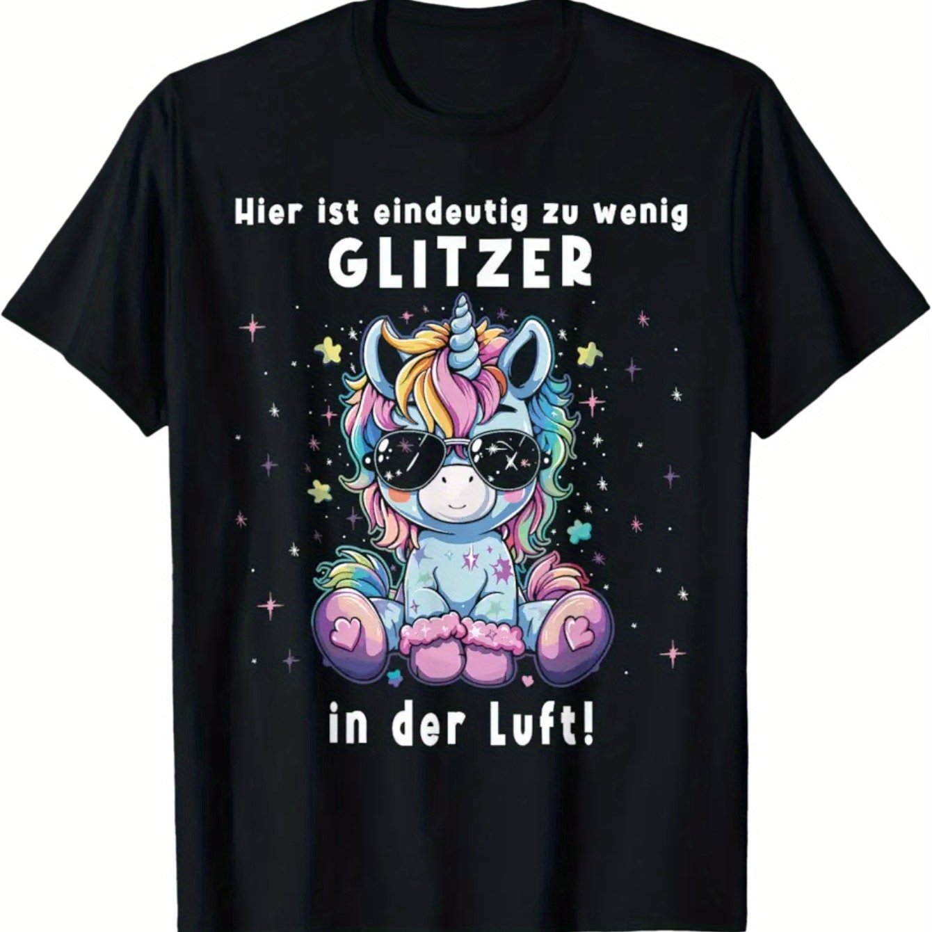 Image of Plus Size Unicorn T-shirt With Sparkling Stars Rainbow Horn Design- Glitter Text, Black Casual Short Sleeve Tee For Adults, , Regular Fit Round Neck, Perfect For Casual Attire Weekend