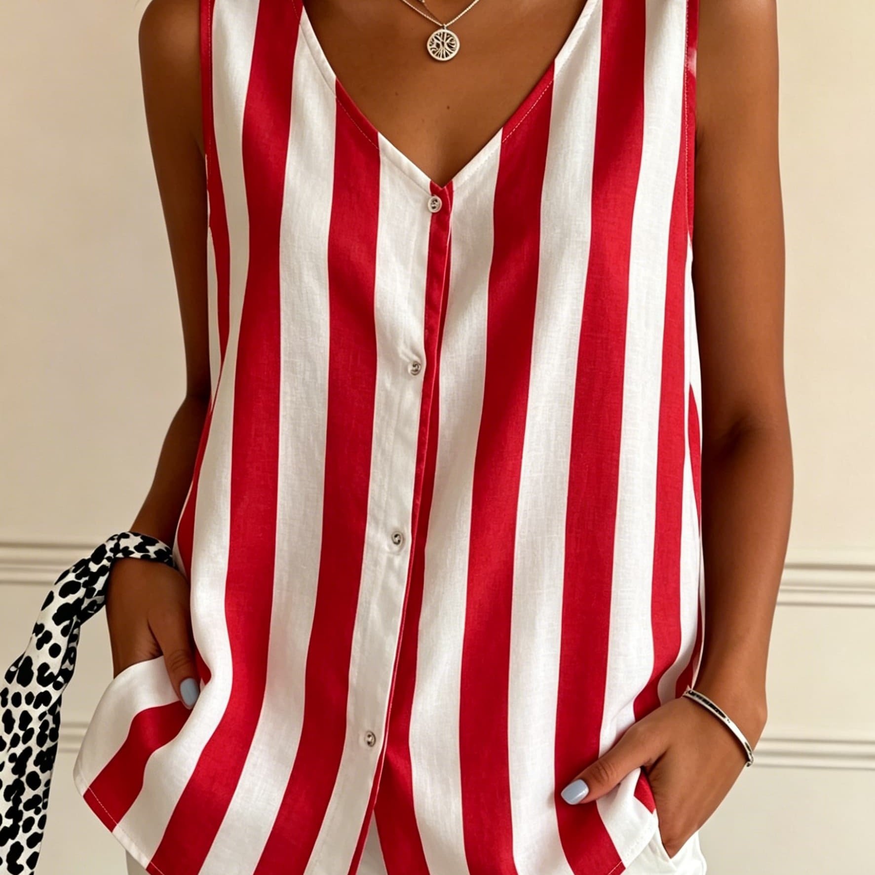 Image of Casual Striped Women's Sleeveless Button-up Shirt Red And White Vertical Stripes Summer Beach Wear Gift For Her