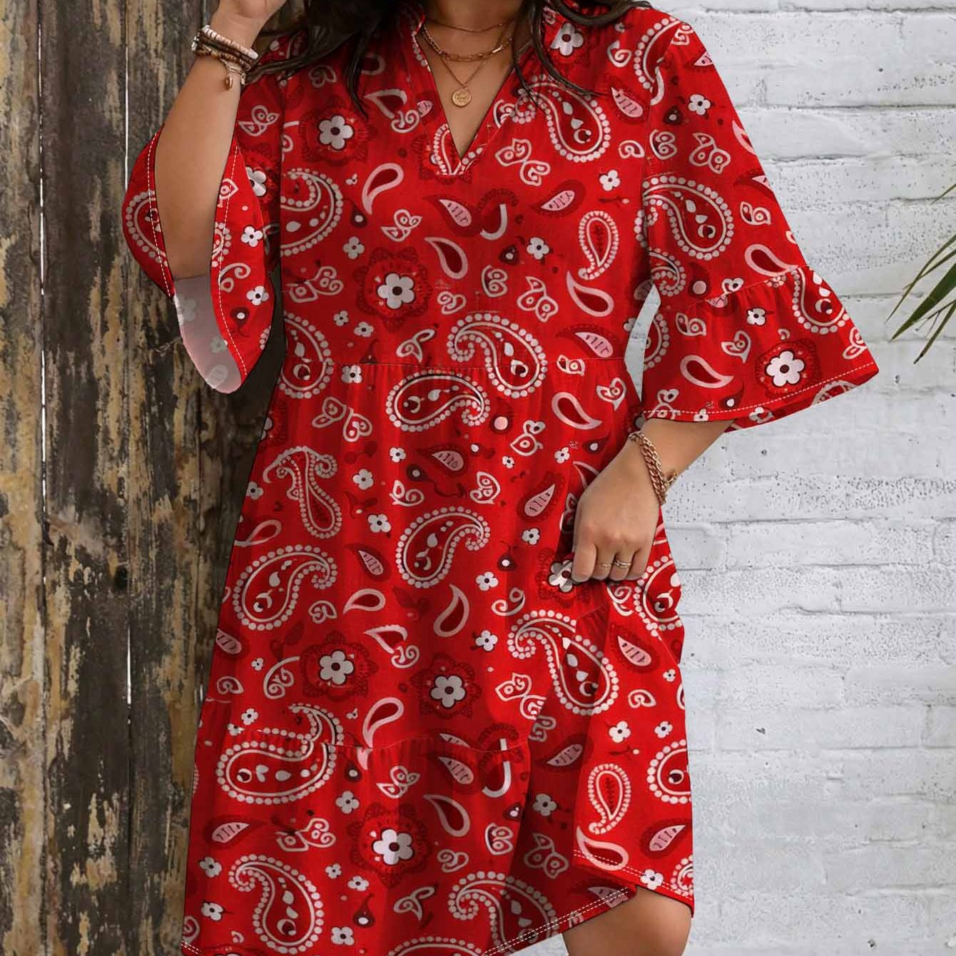 Image of Plus Size Paisley Floral Print Dress For Women. V-neck. Bell Sleeves. Layered Skirt. Loose Fit. Chic Bohemian Vacation Summer Dress. Fashionable Casual Breathable Soft Beach Wear