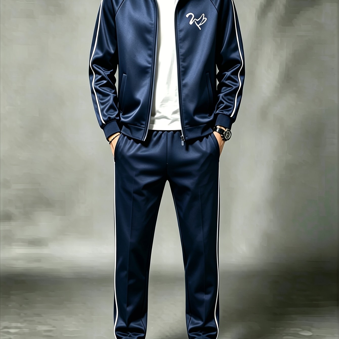 Men's Stand Collar Side Stripe Embroidered Tracksuit, Casual Sports 2pcs Set, Polyester Long Sleeve Sportswear