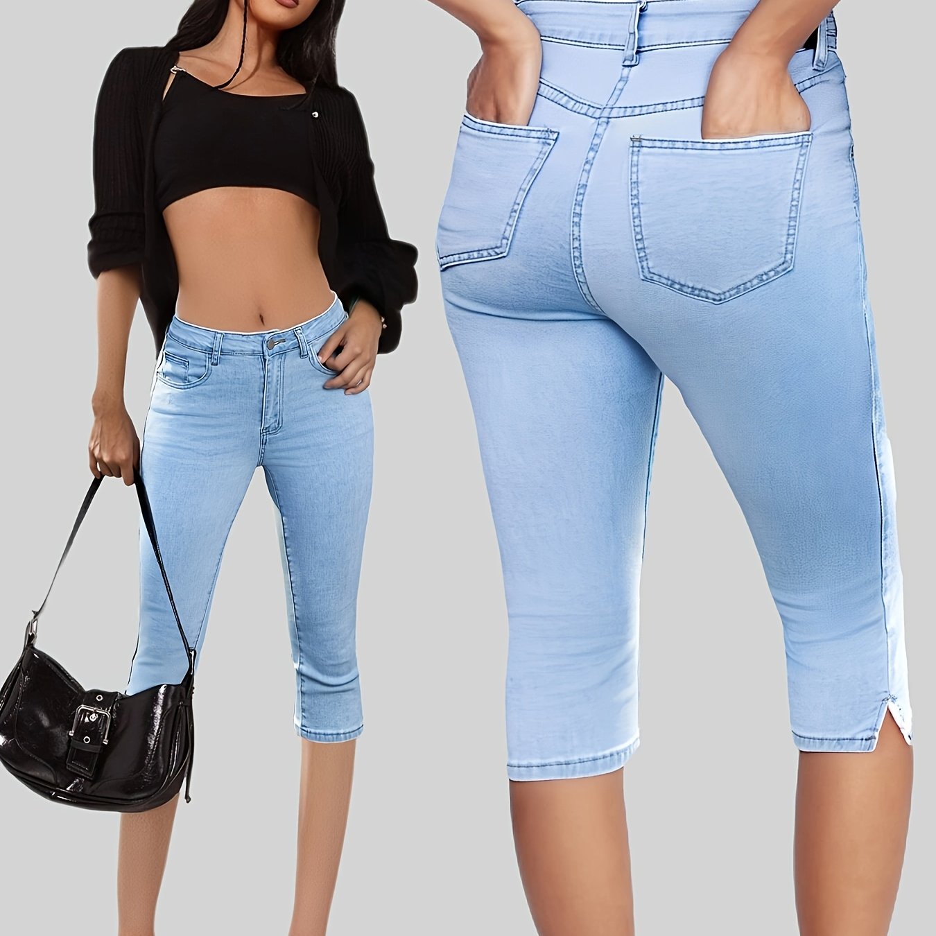 Light Blue Women's Split Elegant Fashion Slim Fit Hip-lifting Denim 7/8 Pants